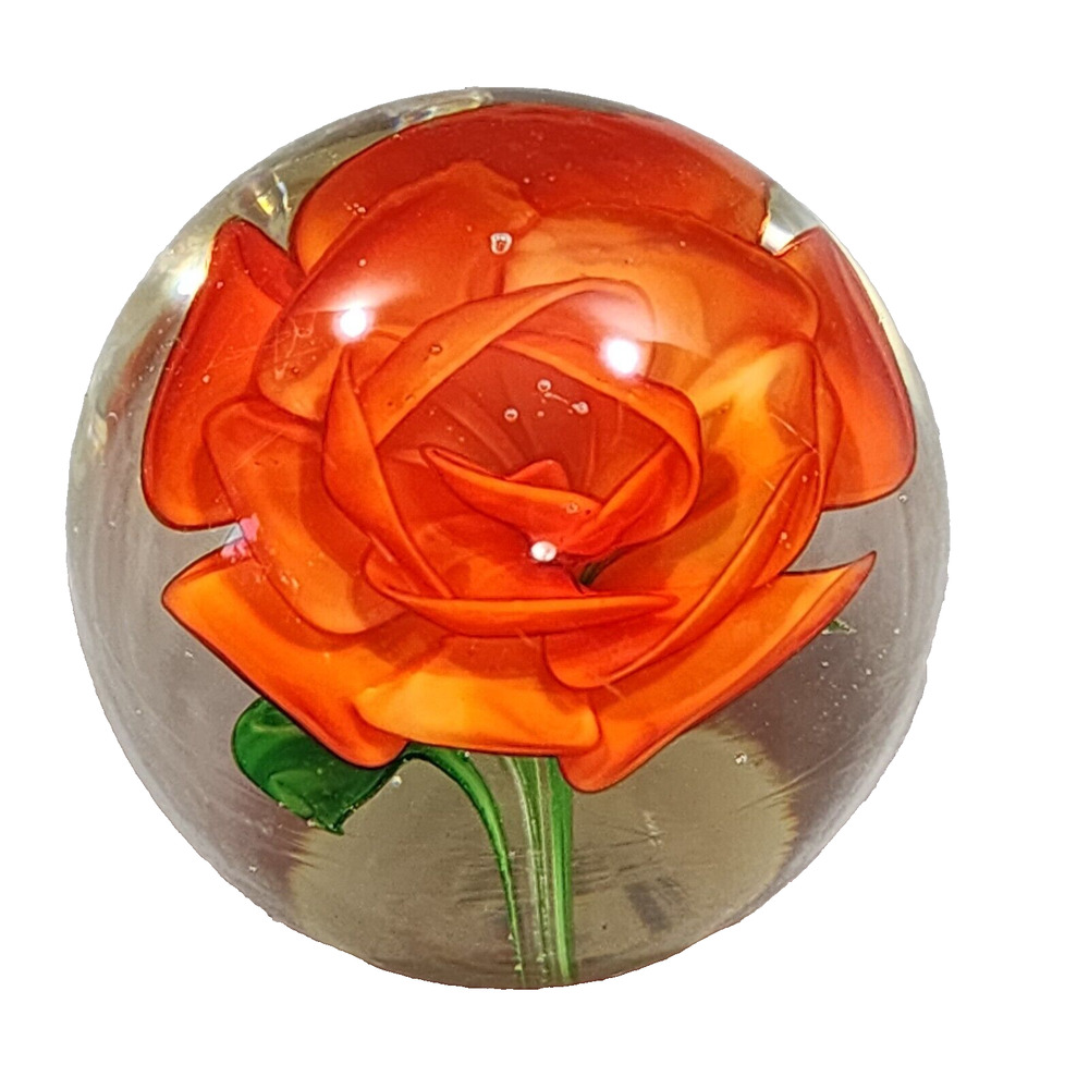 Orange-Red Rose Flower Glass 9" Paperweight Dynasty Gallery Heirloom Vintage